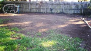 With the retaining wall in, it really started to take shape! We needed to rake the dirt smooth yet and needed to trim all the boards even with the wall….and let’s not forget the yard! My yard was well, dirt. It was fall now, and so we needed to get the rest of the yard smoothed out to put grass seed down before winter! I really didn’t want a dirt yard come spring and since our yard did slope downward, we used some of the extra dirt to level it out. The dirt we had removed was very rocky…so it made spreading it out a little difficult However, with a little hard work we managed. Within weeks the grass was starting to fill in! I was starting to feel very optimistic that it was all coming together.